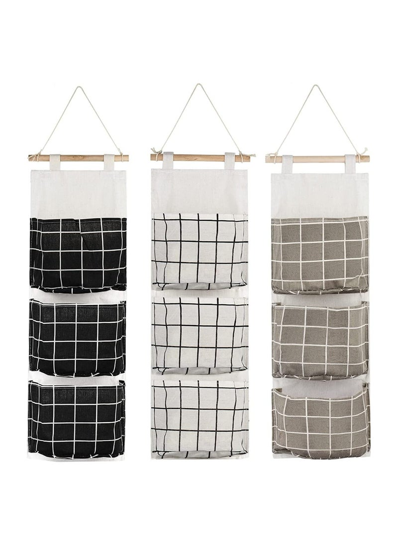 Royal Polar RoyalPolar 3Pcs Wall Hanging Storage Bag Premium Waterproof Linen Fabric Over The Door Closet Organizer, Hanging Storage Pouches with 3 Pockets for Bedroom Bathroom Living Room Home Decor Lattice  - Image 1