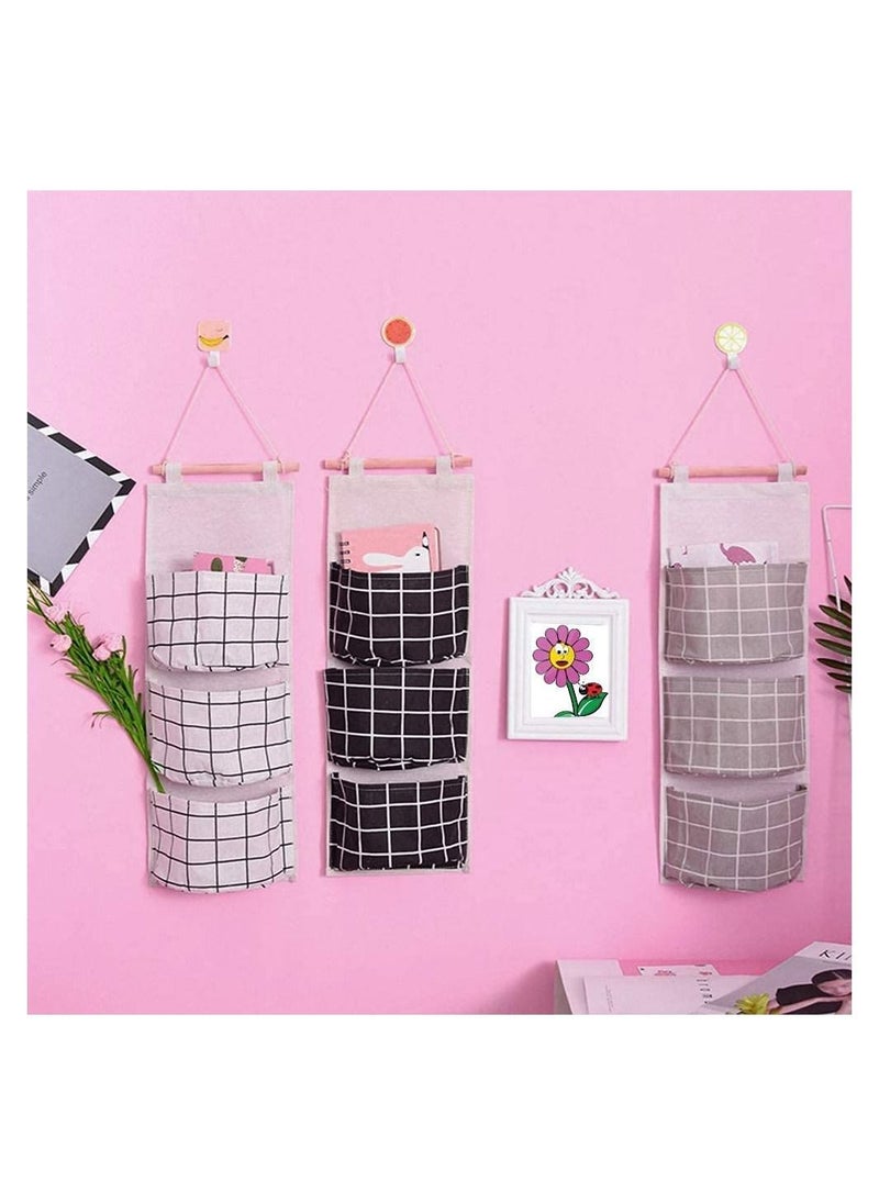 Royal Polar RoyalPolar 3Pcs Wall Hanging Storage Bag Premium Waterproof Linen Fabric Over The Door Closet Organizer, Hanging Storage Pouches with 3 Pockets for Bedroom Bathroom Living Room Home Decor Lattice  - Image 5