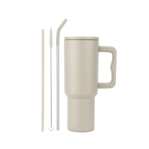 Vasukie 1200 ML Stainless Steel Tumbler with Handle and Lid,2 Straw | 100% Leakproof Travel Mug Water Cup for Gym, Office & Outdoor Use (Stone Silk) - Image 1