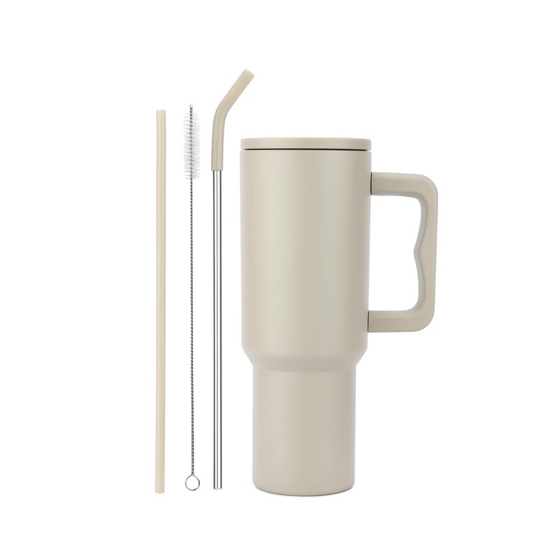 Vasukie 1200 ML Stainless Steel Tumbler with Handle and Lid,2 Straw | 100% Leakproof Travel Mug Water Cup for Gym, Office & Outdoor Use (Stone Silk) - Image 4
