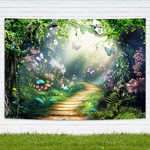 Imirell Happy Easter Rabbit Backdrop 7Wx5H Feet Fairy Woodland Tale Polyester Fabric Green Spring Butterfly Flower Princess Magic Nature Photography Backgrounds Photo Shoot Decor Props Decoration - Image 1