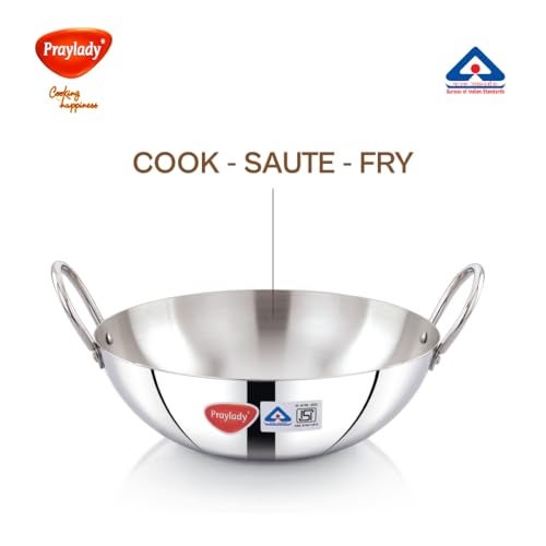 Praylady Stainless Steel Induction Base Kadai, 2 Litre, Silver, 22cm | Heavy 1.5mm (16 Gauge) Thick Body | BIS & ISI Certified | Compatible with Gas & Induction Cooktops - Image 3
