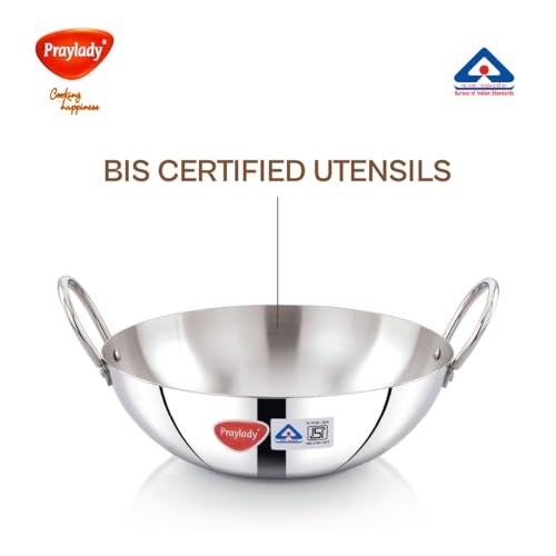 Praylady Stainless Steel Induction Base Kadai, 2 Litre, Silver, 22cm | Heavy 1.5mm (16 Gauge) Thick Body | BIS & ISI Certified | Compatible with Gas & Induction Cooktops - Image 2