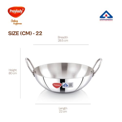 Praylady Stainless Steel Induction Base Kadai, 2 Litre, Silver, 22cm | Heavy 1.5mm (16 Gauge) Thick Body | BIS & ISI Certified | Compatible with Gas & Induction Cooktops - Image 5