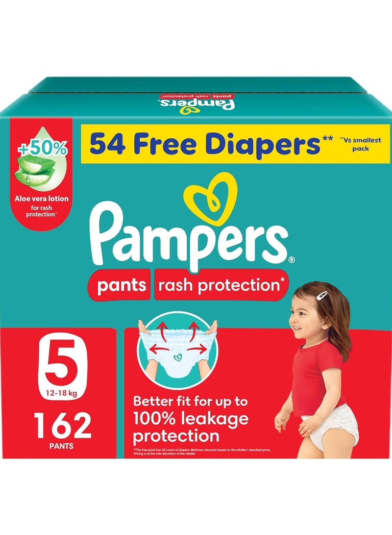 Pampers Rash Protection Pants Diapers, Size 5, 12-18kg, +50% Aloe Vera Lotion, 360° Leak-Free Fit for up to 100% Leakage Protection, Super Saver Box, 54 Free Diapers, 162 Count