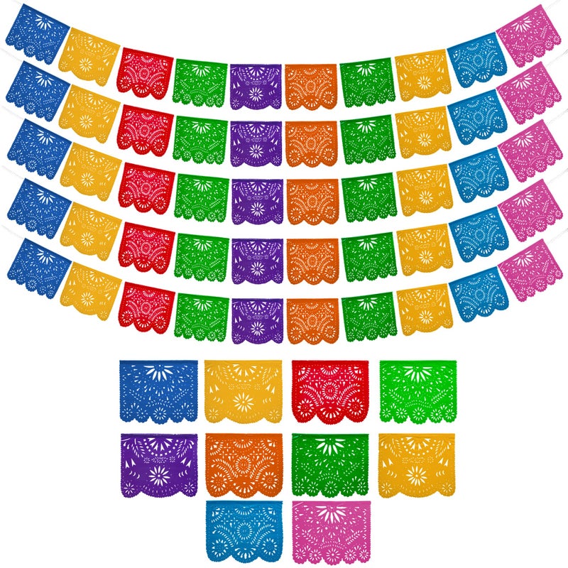 FIESTA WRAPS Mexican Party Banners (5 Pack With 10 Plastic Flags Per Banner) - Papel Picado Mexicano Para Fiesta - Plastic Papel Picado - Fiesta Themed Party Decorations - Mexican Decor - Image 1