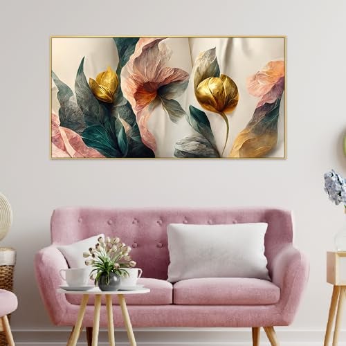 DEKORSTATION Abstract Golden Flower 3d Illustration Canvas Painting for Home and Office Decoration|Framed Wall Paintings for Living Room, Bedroom, Office, Hotels|12x24 inch Canvas Painting - Image 1