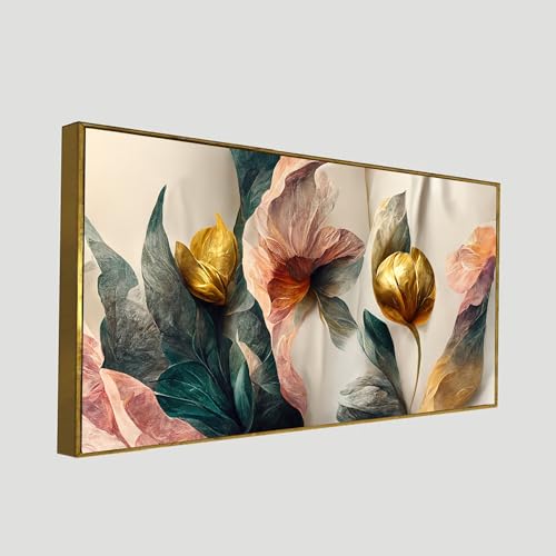 DEKORSTATION Abstract Golden Flower 3d Illustration Canvas Painting for Home and Office Decoration|Framed Wall Paintings for Living Room, Bedroom, Office, Hotels|12x24 inch Canvas Painting - Image 3