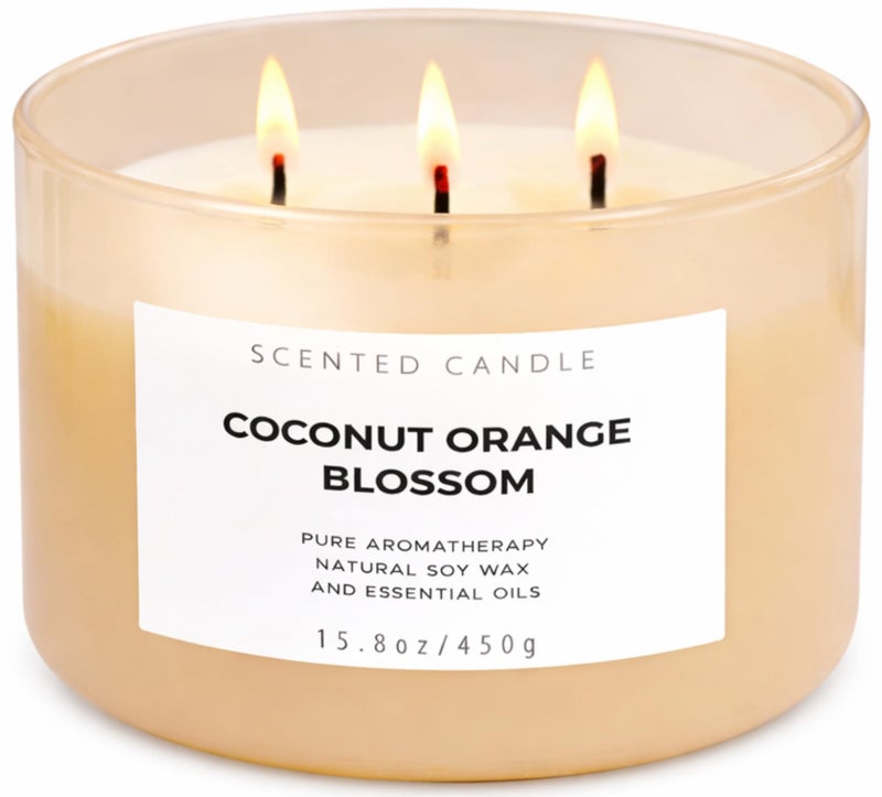 T&H Coconut Orange Blossom Scented Candle - Large 3-Wick Aromatherapy Soy Candle, 15.8 oz - Highly Scented, Clean Burning, Long Lasting Home Fragrance Gift for Women & Men - Image 1
