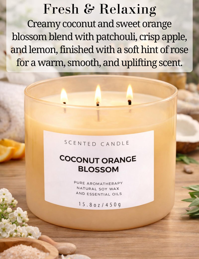 T&H Coconut Orange Blossom Scented Candle - Large 3-Wick Aromatherapy Soy Candle, 15.8 oz - Highly Scented, Clean Burning, Long Lasting Home Fragrance Gift for Women & Men - Image 2
