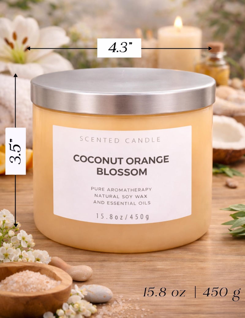 T&H Coconut Orange Blossom Scented Candle - Large 3-Wick Aromatherapy Soy Candle, 15.8 oz - Highly Scented, Clean Burning, Long Lasting Home Fragrance Gift for Women & Men - Image 4