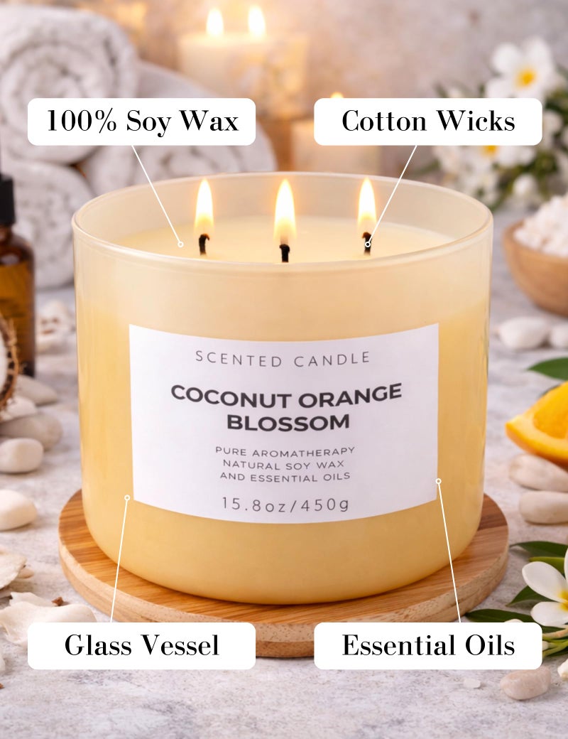 T&H Coconut Orange Blossom Scented Candle - Large 3-Wick Aromatherapy Soy Candle, 15.8 oz - Highly Scented, Clean Burning, Long Lasting Home Fragrance Gift for Women & Men - Image 5