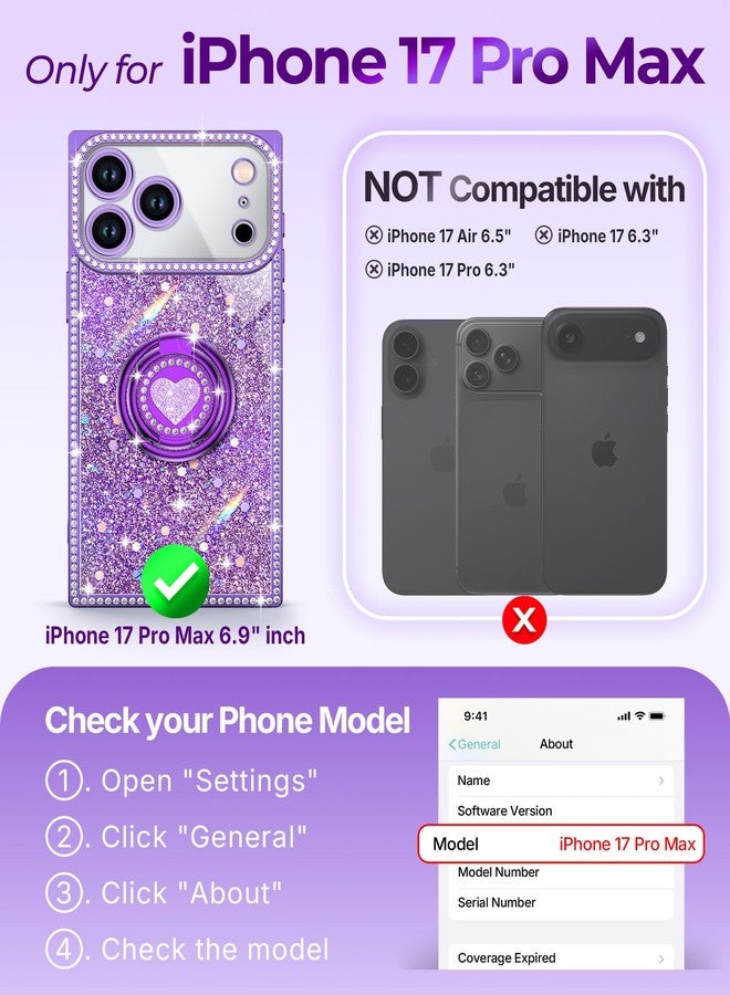 XYZ جراب XYZ لهاتف iPhone 17 Pro Max، غطاء هاتف لامع براق مع حامل على شكل قلب بحلقتين وحبل، جراب فاخر مرصع بأحجار الراين مقاوم للصدمات ومناسب للنساء والفتيات، لون بنفسجي - Image 2