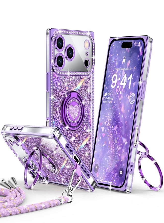 XYZ جراب XYZ لهاتف iPhone 17 Pro Max، غطاء هاتف لامع براق مع حامل على شكل قلب بحلقتين وحبل، جراب فاخر مرصع بأحجار الراين مقاوم للصدمات ومناسب للنساء والفتيات، لون بنفسجي - Image 1