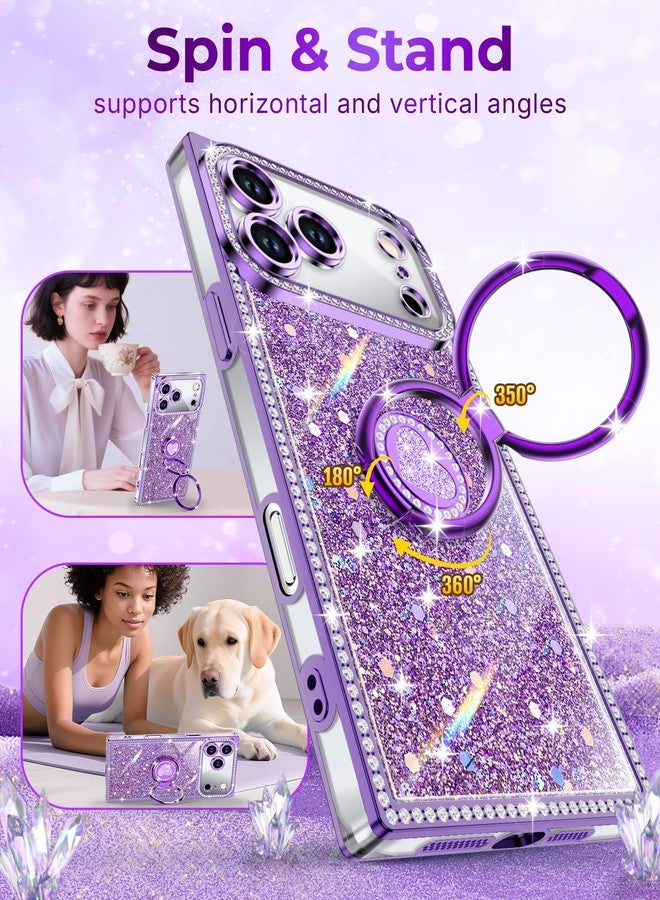 XYZ جراب XYZ لهاتف iPhone 17 Pro Max، غطاء هاتف لامع براق مع حامل على شكل قلب بحلقتين وحبل، جراب فاخر مرصع بأحجار الراين مقاوم للصدمات ومناسب للنساء والفتيات، لون بنفسجي - Image 3