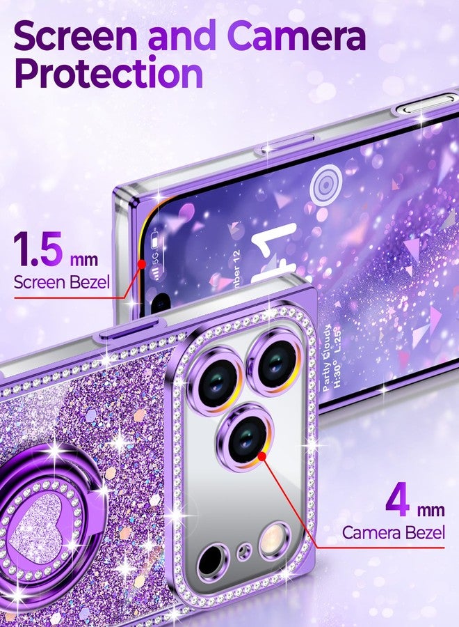 XYZ جراب XYZ لهاتف iPhone 17 Pro Max، غطاء هاتف لامع براق مع حامل على شكل قلب بحلقتين وحبل، جراب فاخر مرصع بأحجار الراين مقاوم للصدمات ومناسب للنساء والفتيات، لون بنفسجي - Image 4