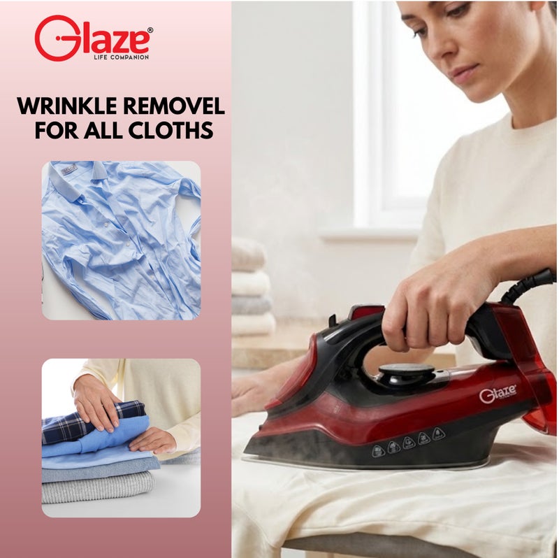Glaze Electric Steam Iron 3000W Powerful Steam Boost Ceramic Soleplate Adjustable Temperature Control Large Water Tank Dry & Steam Iron for Clothes Fast Heating Red - Image 3