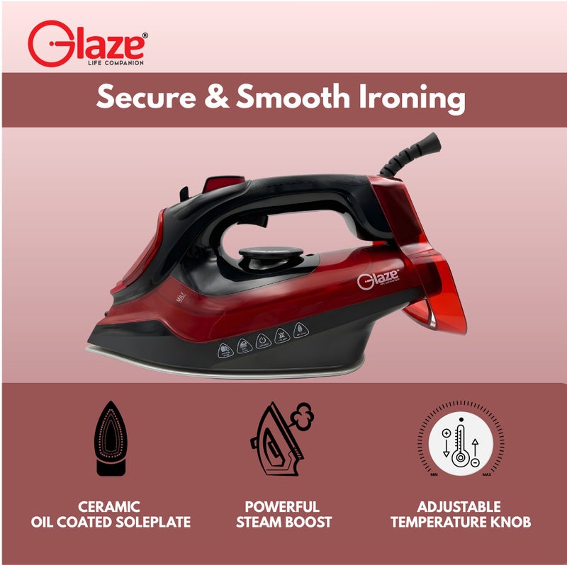Glaze Electric Steam Iron 3000W Powerful Steam Boost Ceramic Soleplate Adjustable Temperature Control Large Water Tank Dry & Steam Iron for Clothes Fast Heating Red - Image 4