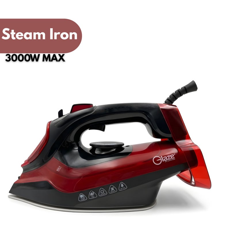 Glaze Electric Steam Iron 3000W Powerful Steam Boost Ceramic Soleplate Adjustable Temperature Control Large Water Tank Dry & Steam Iron for Clothes Fast Heating Red - Image 1