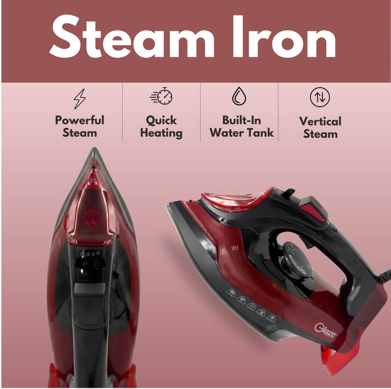 Glaze Electric Steam Iron 3000W Powerful Steam Boost Ceramic Soleplate Adjustable Temperature Control Large Water Tank Dry & Steam Iron for Clothes Fast Heating Red - Image 2