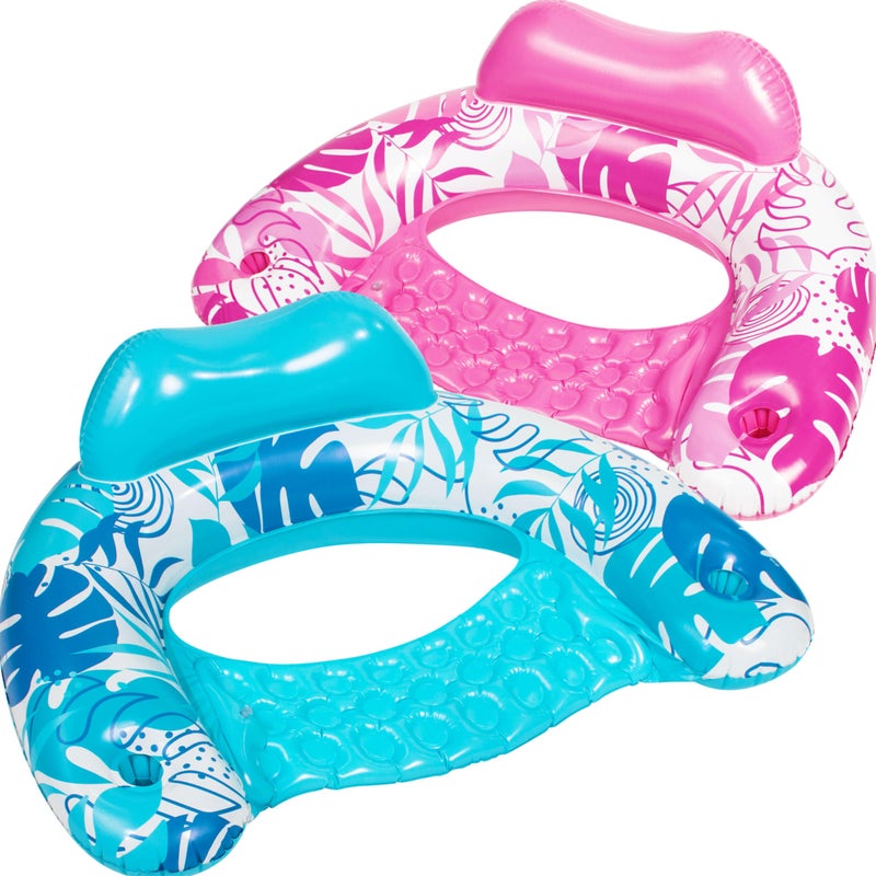 Sloosh Inflatable Pool Floats Adult, 2 Pack Pool Chairs with Cup Holders, Blow up Floating Pool Floats Chair, Pool Floaties for Adults Swimming Pool Party Summer Water Fun(Summer Leaves - Image 1