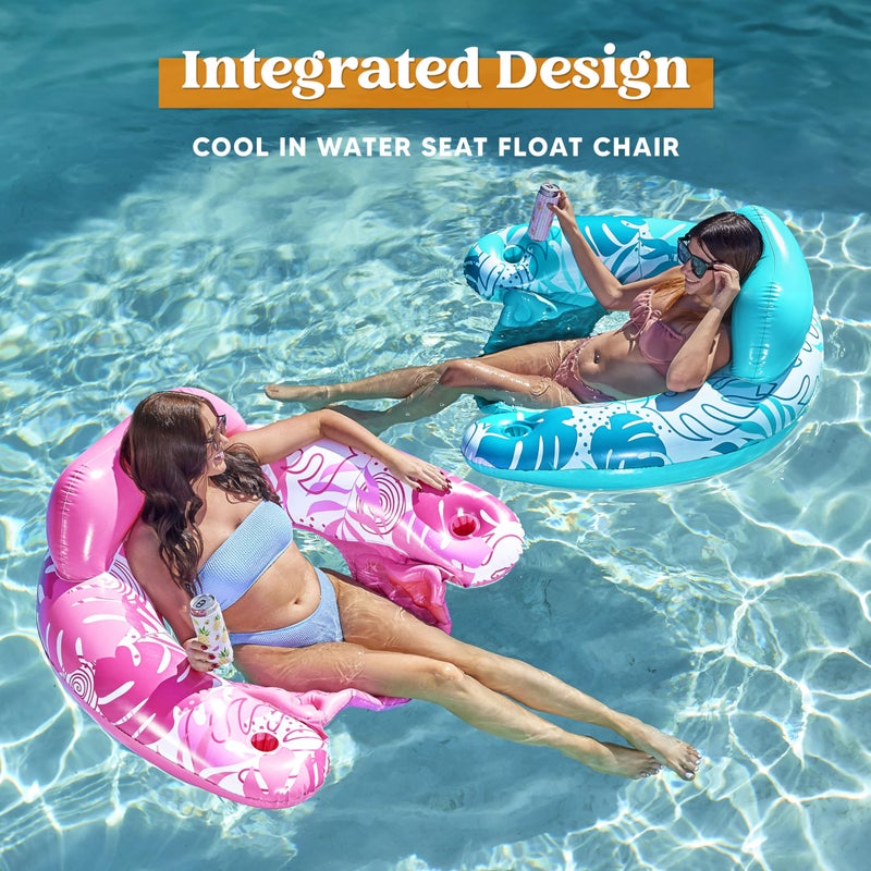 Sloosh Inflatable Pool Floats Adult, 2 Pack Pool Chairs with Cup Holders, Blow up Floating Pool Floats Chair, Pool Floaties for Adults Swimming Pool Party Summer Water Fun(Summer Leaves - Image 3