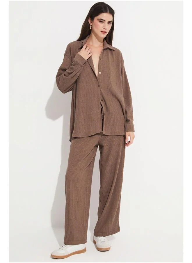 جون June Women Cotton Blend Shirt Trouser Set Brown