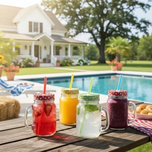 Ash  Roh Ash & Roh® - Glass Mason Jar with Multi-Color Air-Tight Lids with Straw Mugs with Handle, Regular Mouth for Kitchen - 500 ML (1) - Image 5