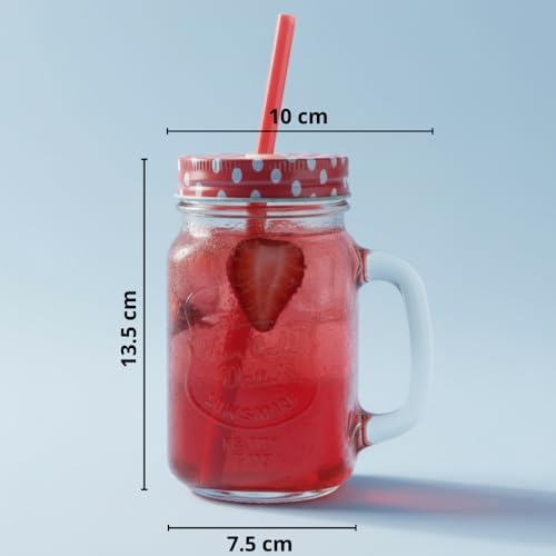 Ash  Roh Ash & Roh® - Glass Mason Jar with Multi-Color Air-Tight Lids with Straw Mugs with Handle, Regular Mouth for Kitchen - 500 ML (1) - Image 2