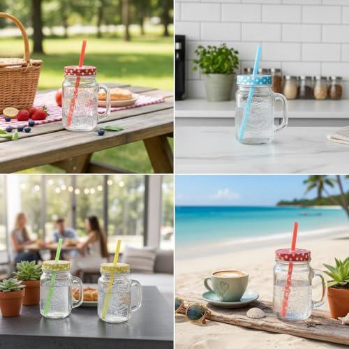 Ash  Roh Ash & Roh® - Glass Mason Jar with Multi-Color Air-Tight Lids with Straw Mugs with Handle, Regular Mouth for Kitchen - 500 ML (1) - Image 3