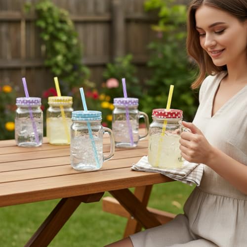 Ash  Roh Ash & Roh® - Glass Mason Jar with Multi-Color Air-Tight Lids with Straw Mugs with Handle, Regular Mouth for Kitchen - 500 ML (1) - Image 4