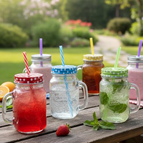 Ash  Roh Ash & Roh® - Glass Mason Jar with Multi-Color Air-Tight Lids with Straw Mugs with Handle, Regular Mouth for Kitchen - 500 ML (1) - Image 1