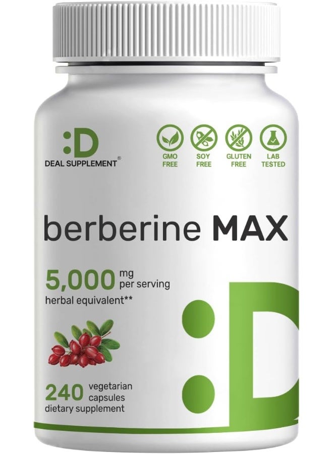 DEAL SUPPLEMENT مكمل بيربرين ماكس، 5,000 ملغ لكل حصة، 240 كبسولة نباتية – 97% بيربرين Hcl نقي – مستخلص جذر 25:1 – مناسب للنباتيين، غير معدل وراثيًا - Image 1