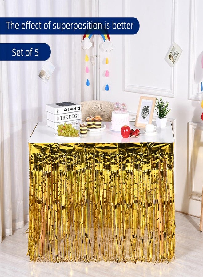 Ohiyoo 5 Pack Gold Foil Fringe Table Skirt 29x108 Inch Metallic Foil Fringe Table Skirts Tinsel Streamer Curtains Backdrop Parade Floats Birthday Halloween Christmas Party Decoration (Gold) - Image 3