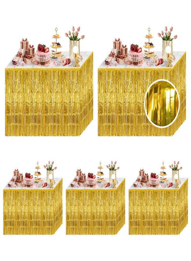 Ohiyoo 5 Pack Gold Foil Fringe Table Skirt 29x108 Inch Metallic Foil Fringe Table Skirts Tinsel Streamer Curtains Backdrop Parade Floats Birthday Halloween Christmas Party Decoration (Gold) - Image 1