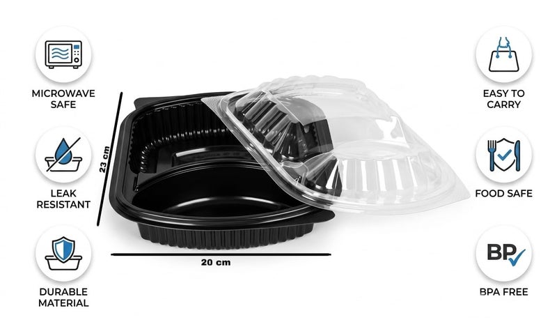 (Pack of 10) - 2 Compartment Plastic Meal Tray with Clear Lid – Disposable Microwave-Safe Food Containers for Takeaway, Meal Prep & Delivery – Leak Resistant Black Base (10)