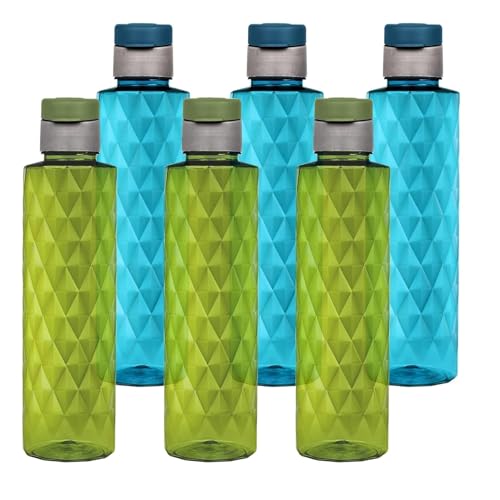 FLAIR 1000ml PET Water Bottles – Set of 6, Leak-Proof & Reusable Plastic Bottles for Fridge, Home, Office (Blue/Green, Set of 6, Forever) - Image 1