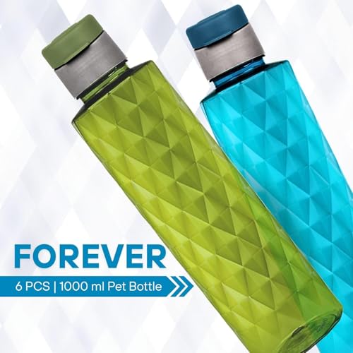 FLAIR 1000ml PET Water Bottles – Set of 6, Leak-Proof & Reusable Plastic Bottles for Fridge, Home, Office (Blue/Green, Set of 6, Forever) - Image 2