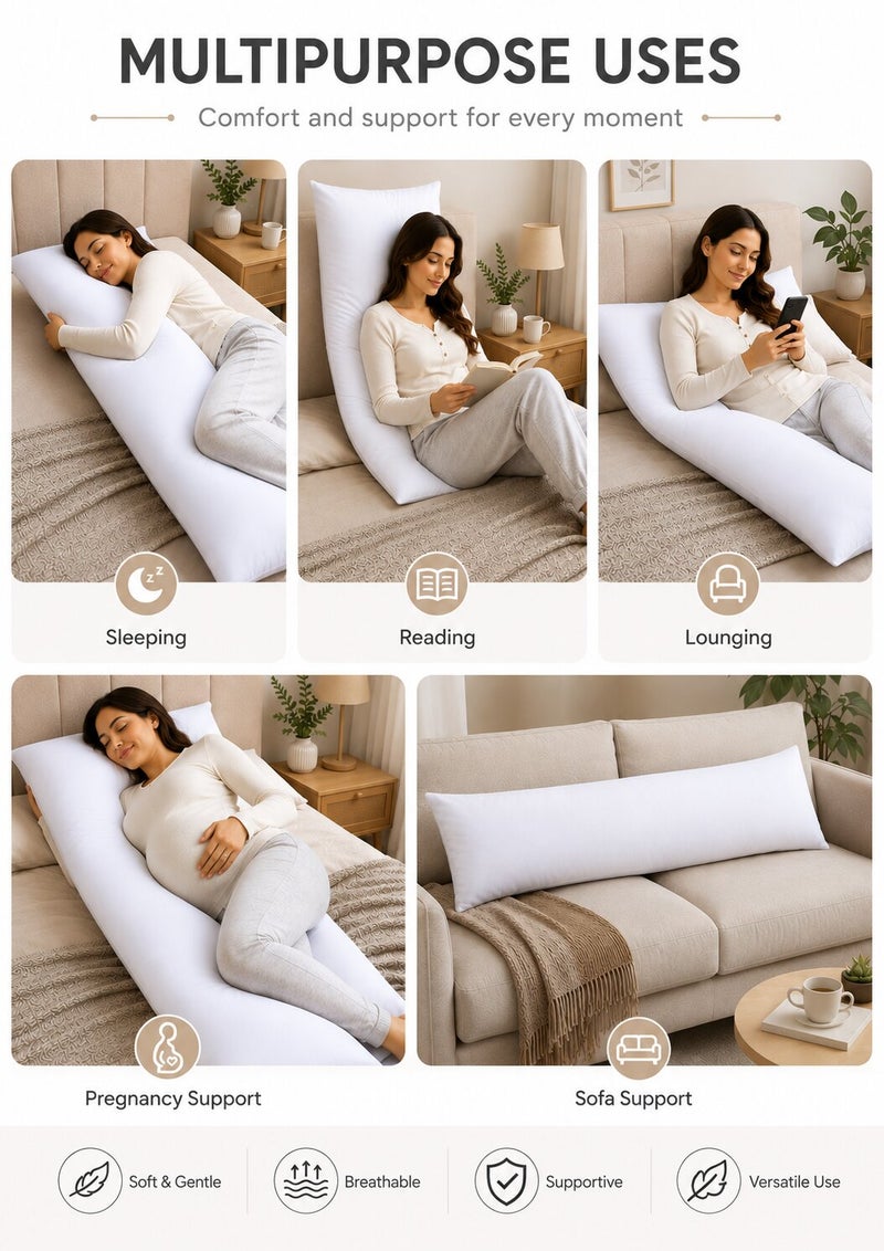 Aristocrat Body Pillow 40x140 cm – Soft Full Body Support Pillow, Extra Filled Long Pillow for Sleeping, Pregnancy & Side Sleepers, Breathable Microfiber Fabric, White - Image 5