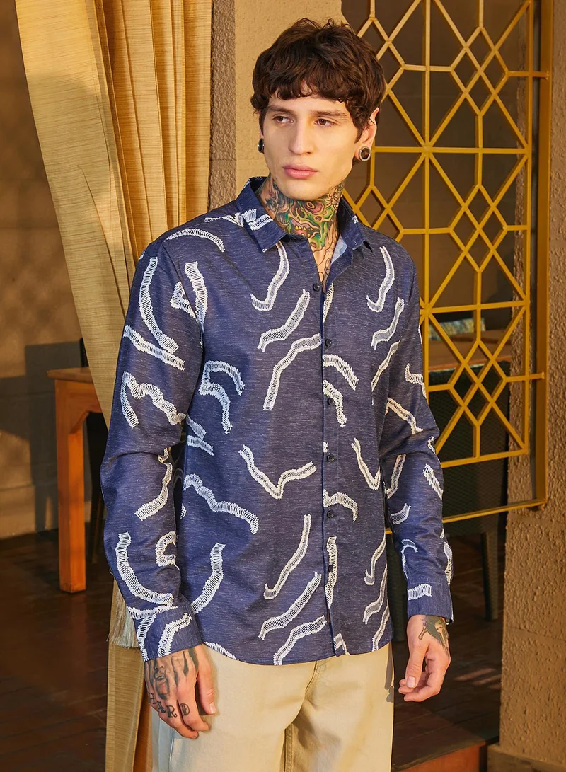 Campus Sutra Men's Navy Blue Cross-Stitch Crawler Shirt