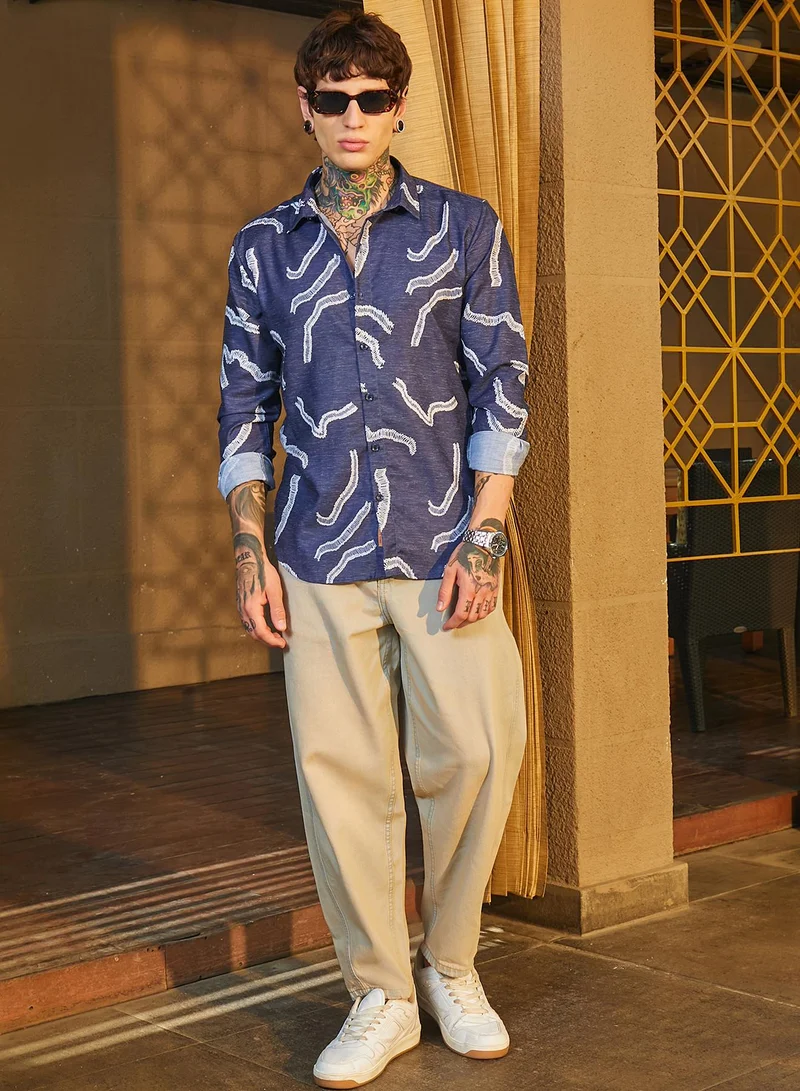 Campus Sutra Men's Navy Blue Cross-Stitch Crawler Shirt