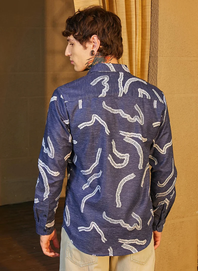 Campus Sutra Men's Navy Blue Cross-Stitch Crawler Shirt