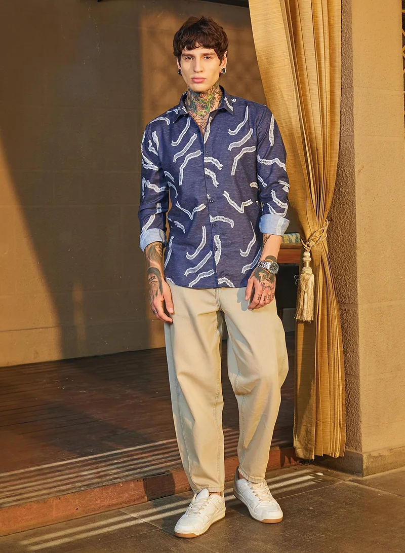 Campus Sutra Men's Navy Blue Cross-Stitch Crawler Shirt