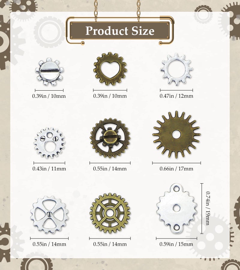 JIALEEY 130PCS Steampunk Gears Charms, Antique Bronze and Silver Assorted Steampunk Gears Charms Pendant Clock Watch Wheel Gear DIY for Jewelry Making Crafting - Image 2