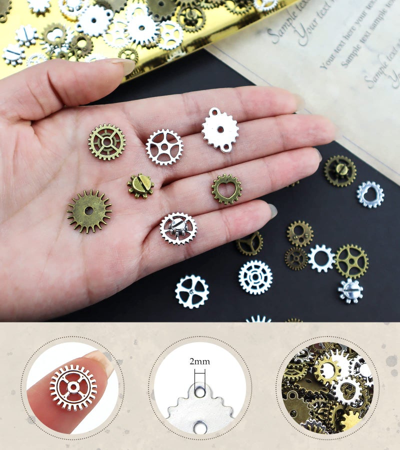 JIALEEY 130PCS Steampunk Gears Charms, Antique Bronze and Silver Assorted Steampunk Gears Charms Pendant Clock Watch Wheel Gear DIY for Jewelry Making Crafting - Image 3
