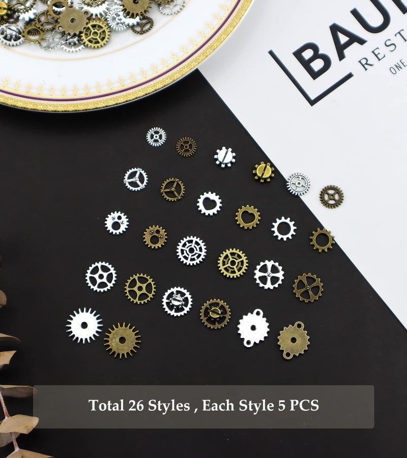 JIALEEY 130PCS Steampunk Gears Charms, Antique Bronze and Silver Assorted Steampunk Gears Charms Pendant Clock Watch Wheel Gear DIY for Jewelry Making Crafting - Image 4