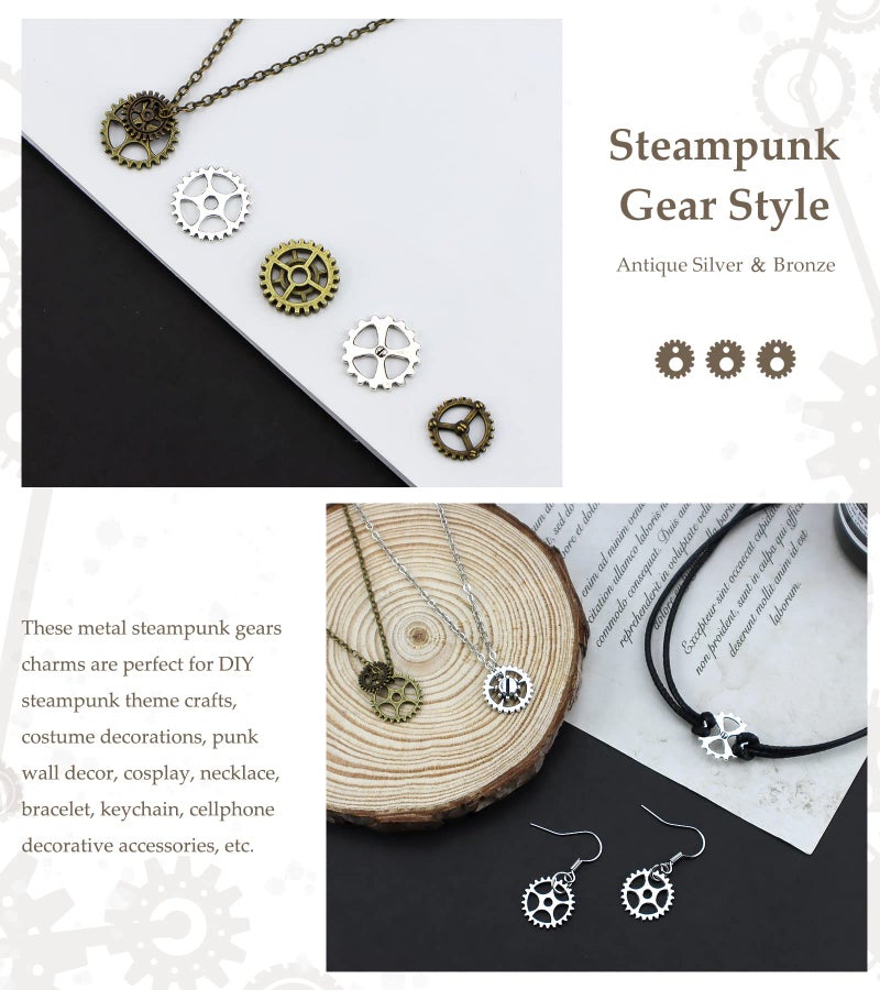 JIALEEY 130PCS Steampunk Gears Charms, Antique Bronze and Silver Assorted Steampunk Gears Charms Pendant Clock Watch Wheel Gear DIY for Jewelry Making Crafting - Image 5