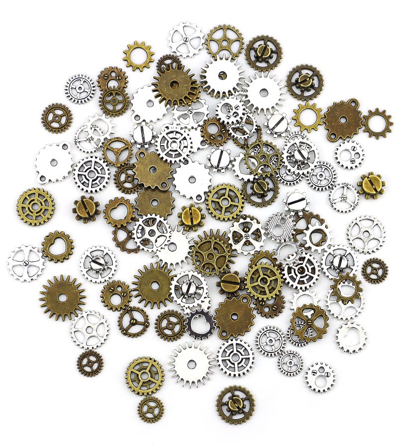 JIALEEY 130PCS Steampunk Gears Charms, Antique Bronze and Silver Assorted Steampunk Gears Charms Pendant Clock Watch Wheel Gear DIY for Jewelry Making Crafting - Image 1