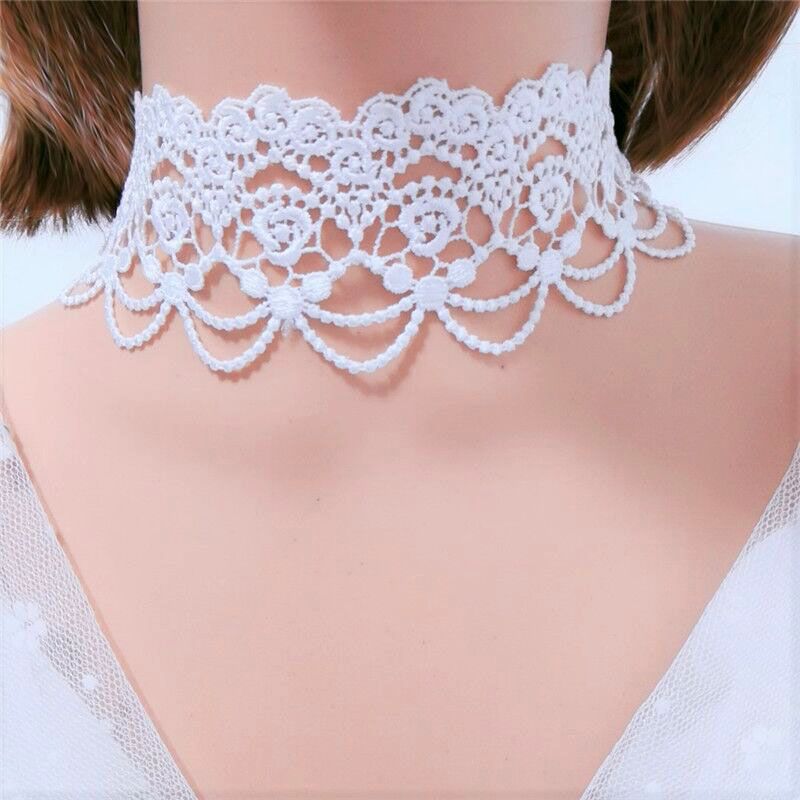 White Lace Choker Necklace Fringe Collar Women 8515 wide white