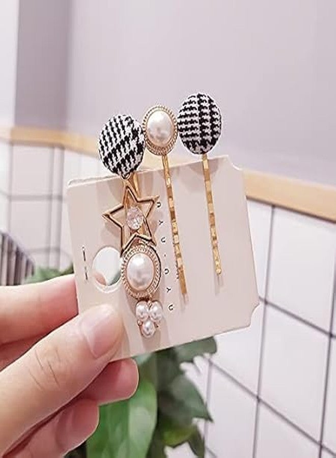SHOPECOM شوبكوم - 3 قطع مشبك شعر أنيق مزين بأزرار سوداء وماسات، دبوس شعر من اللؤلؤ الأبيض، مشبك شعر معدني للبنات، دبوس شعر أنيق للبنات، مشابك شعر فاخرة للنساء - Image 3